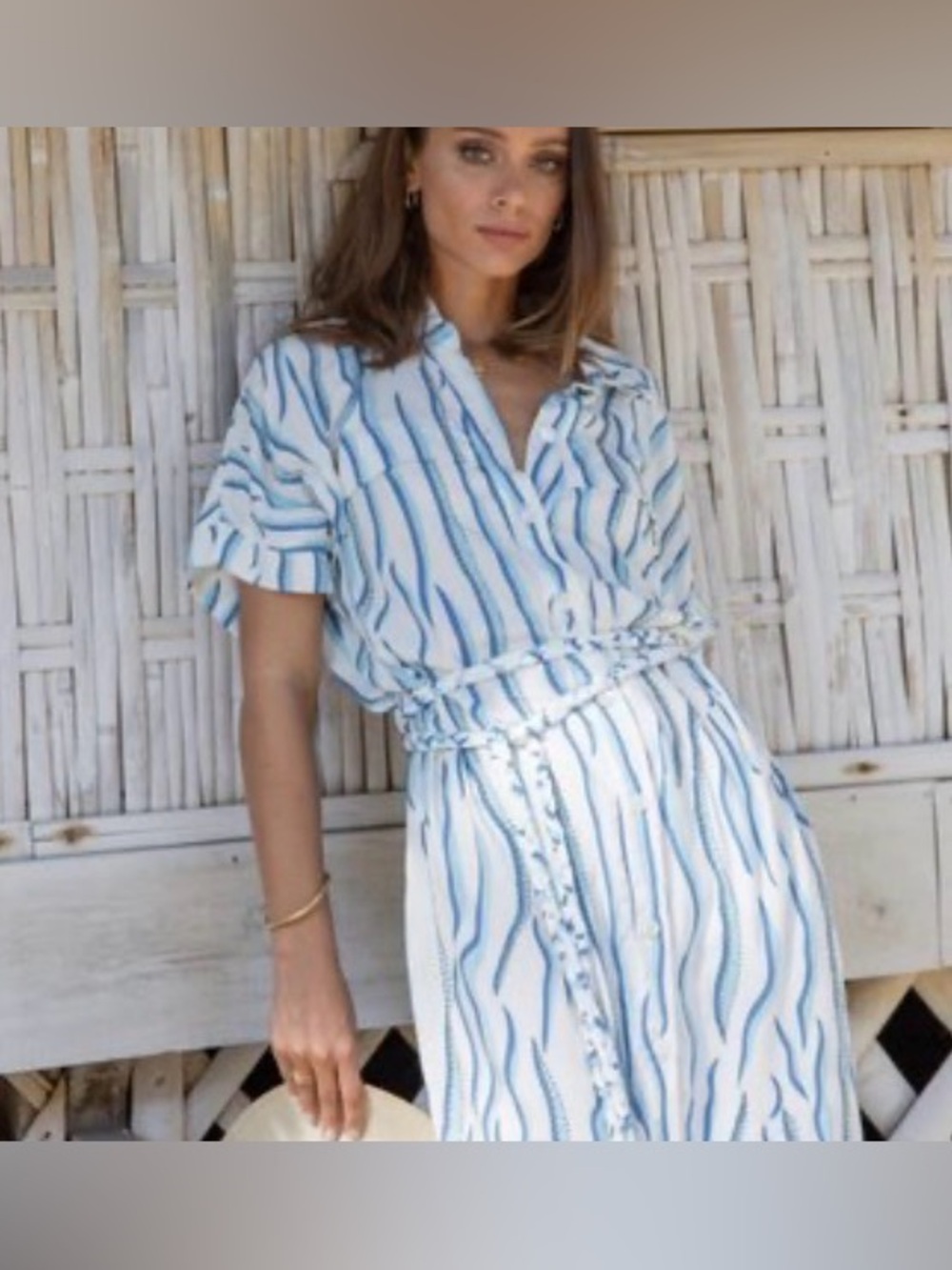 Skemo Lightweight Effortless Striped Blue & White Button-Front Shirt Dress
